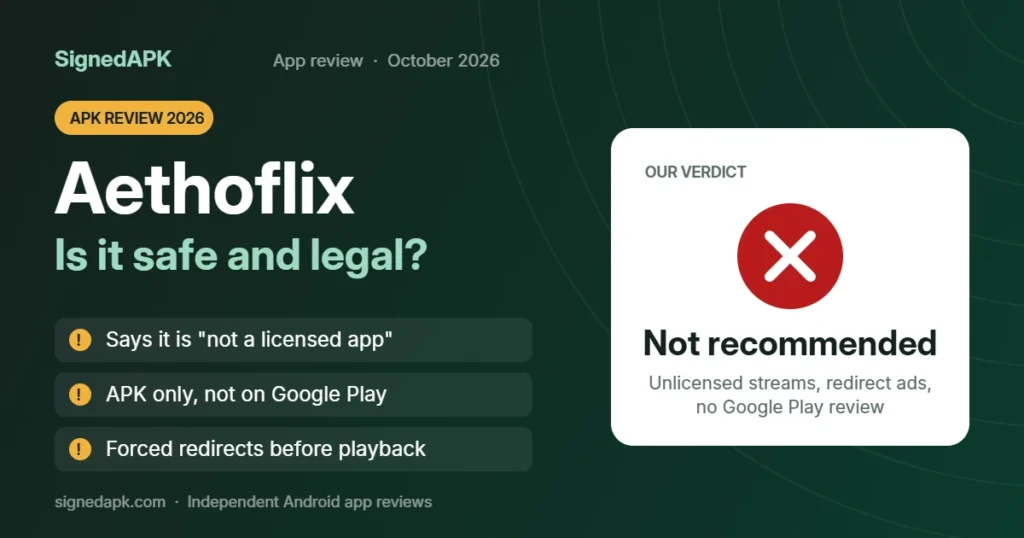 Aethoflix APK review 2026 poster: says it is not a licensed app, APK only and not on Google Play, forced redirects; SignedAPK verdict: not recommended