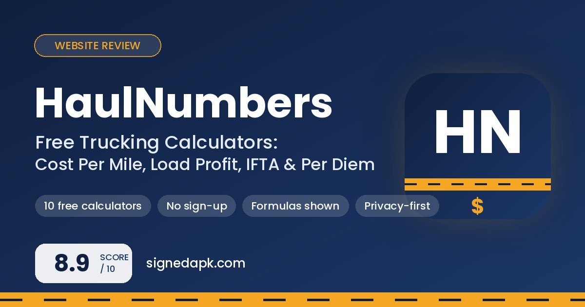 HaulNumbers website review poster showing the HN icon, score 8.9 and key features