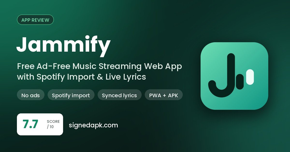 Jammify app review poster showing the Jammify icon, score 7.7 and key features