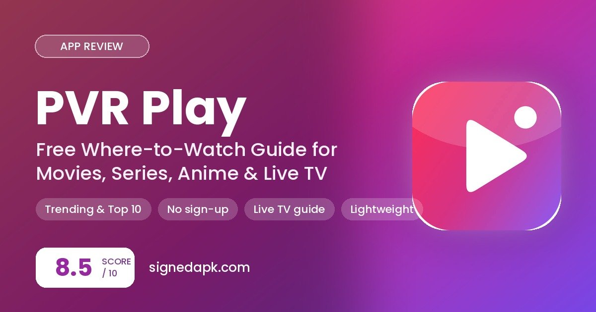 PVR Play app review poster showing the app icon, score 8.5 and key features
