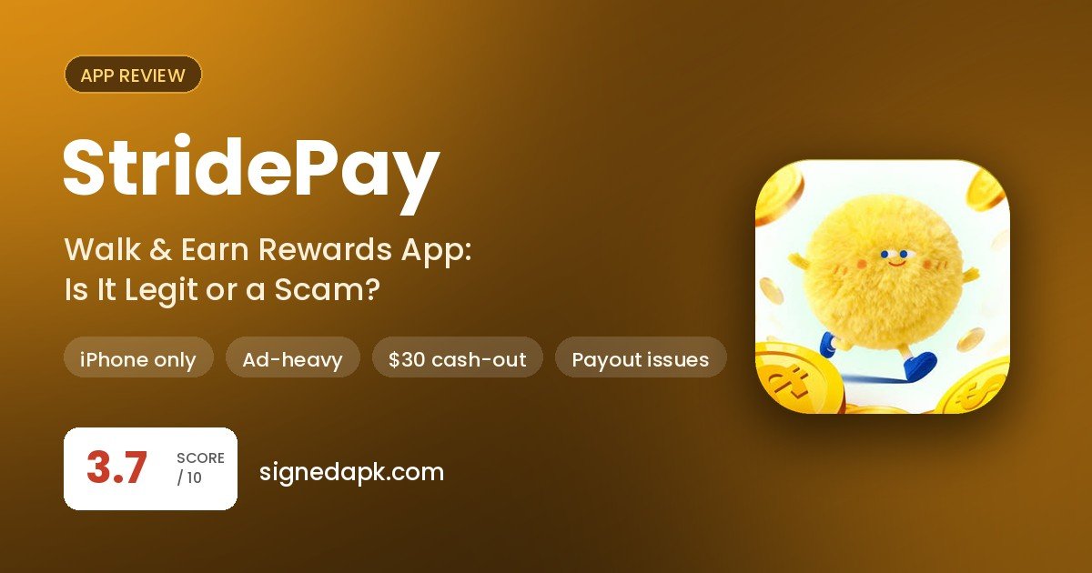 StridePay app review poster showing the StridePay icon, score 3.7 and key warnings
